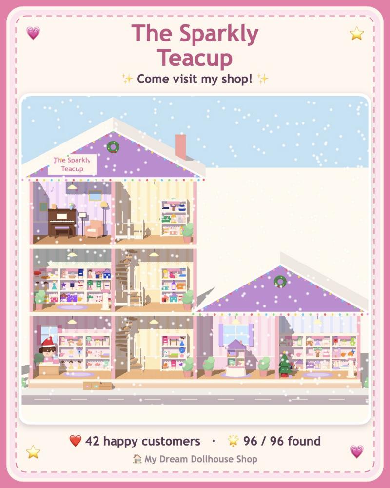 A player's shop: a cozy three-story toy shop full of shelves of toys, with a piano room, spiral stairs and Christmas lights