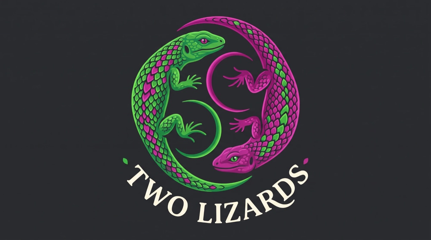 Two Lizards: a lime lizard with magenta scales and a magenta lizard with lime scales, curled into a circle
